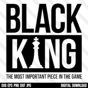Op de afbeelding: Zwart-wit grafisch ontwerp met de tekst "BLACK KING" en een schaakstuk in het midden. De tekst eronder luidt "THE MOST IMPORTANT PIECE IN THE GAME".