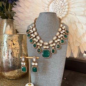 Fine Gold Finish Emerald Green Doublet Stones Uncut Moissanite Polki Kundan Wedding Jewelry Necklace Set with Earrings Sabyasachi Jewelry