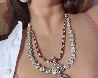 Premium Real Moissanite Necklace Set, Sabyasachi Inspired Pink Bridal Polki Necklace, Bollywood Style Fusion Collar Set, Wedding Jewelry