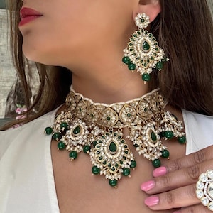 Sabyasachi Inspired victorian uncut Polki Kundan hunter green Choker Kundan set, Sabyasachi Designer necklace, Bollywood