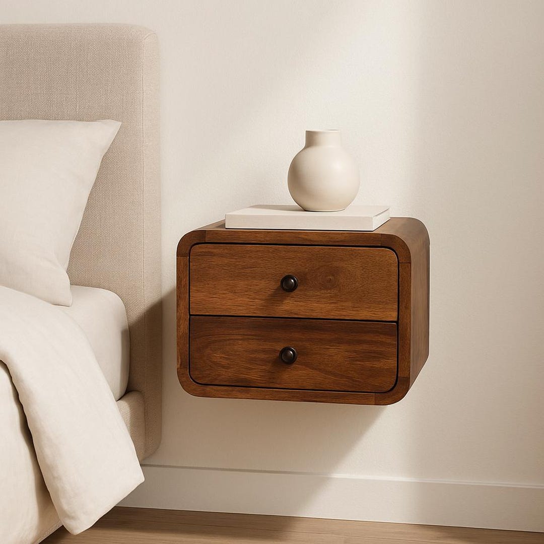 Solid Mango Wood Floating Nightstand - Mid Century Modern Bedside Table ...