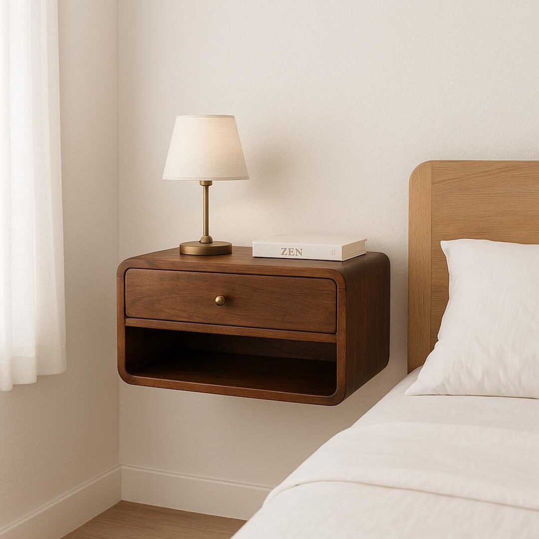 Solid Mango Wood Floating Nightstand - Mid Century Modern Bedside Table ...