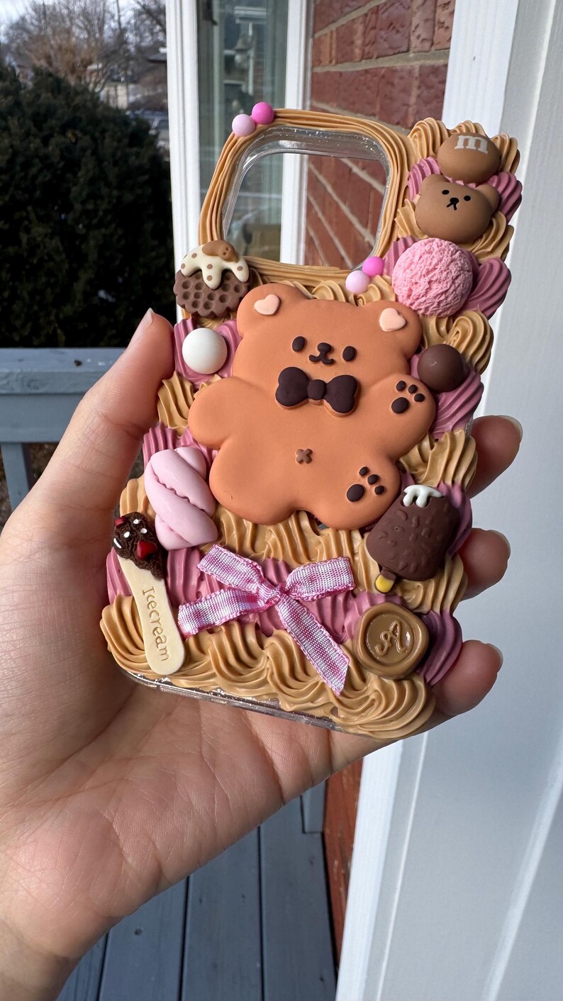 Funda para teléfono Kawaii Bear / Funda hecha a mano con diseño de galleta y crema para iPhone y Samsung imagen 4