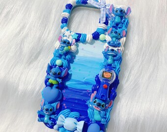 Handmade Kawaii Blue Alien Decoden Phone Case, Custom Handmade Phone Case for iPhone Samsung Google Pixel
