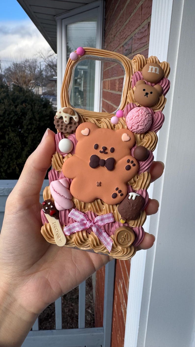 Funda para teléfono Kawaii Bear / Funda hecha a mano con diseño de galleta y crema para iPhone y Samsung imagen 3