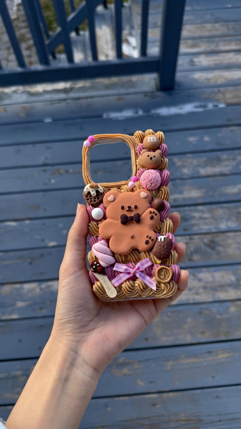 Funda para teléfono Kawaii Bear / Funda hecha a mano con diseño de galleta y crema para iPhone y Samsung imagen 5