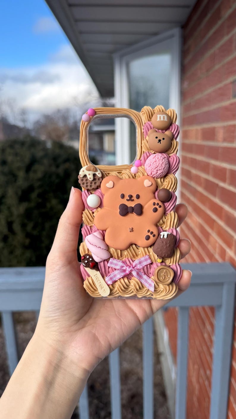 Funda para teléfono Kawaii Bear / Funda hecha a mano con diseño de galleta y crema para iPhone y Samsung imagen 1