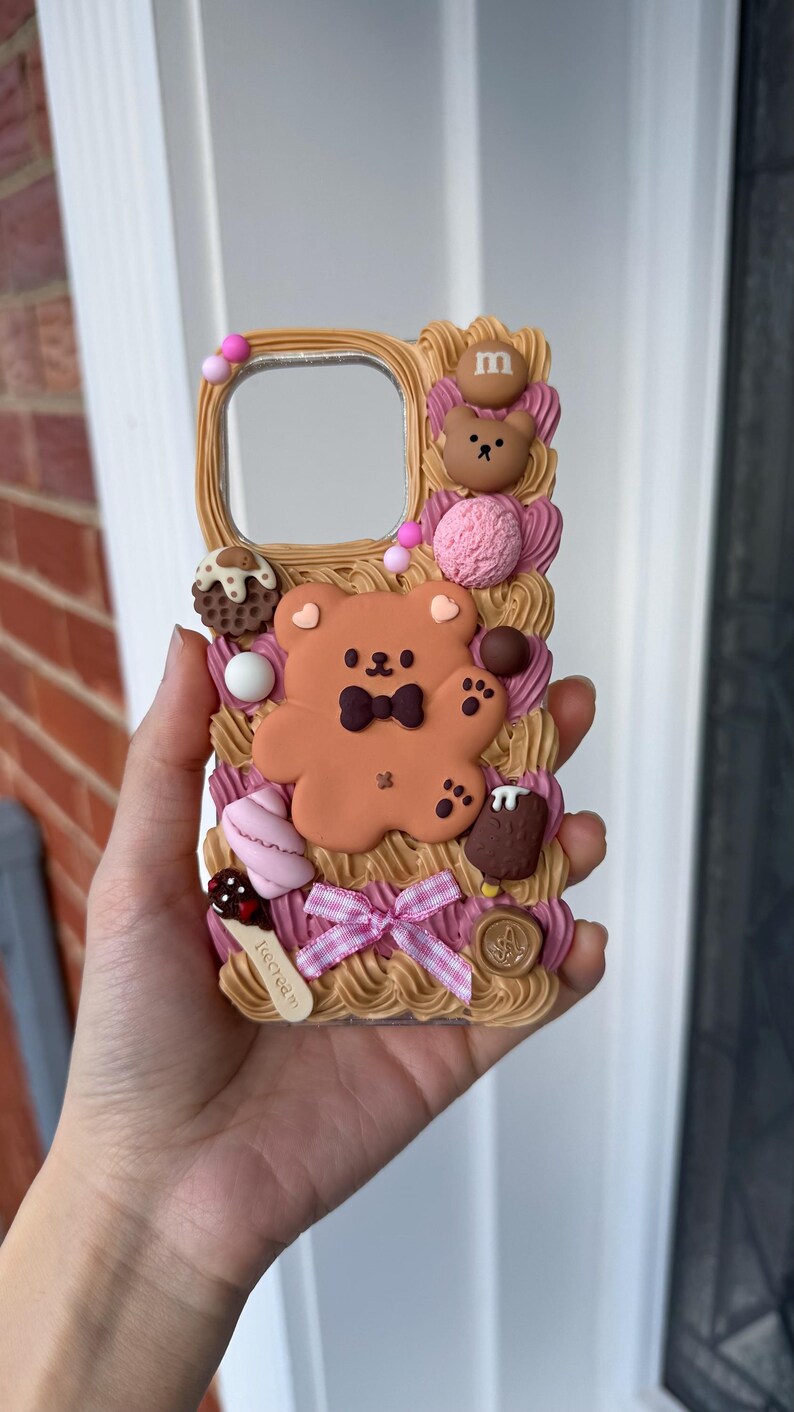 Funda para teléfono Kawaii Bear / Funda hecha a mano con diseño de galleta y crema para iPhone y Samsung imagen 2
