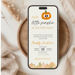 Invitation électronique babyshower citrouille modifiable CANVA, téléchargement immédiat du faire part orange d’automne personnalisable