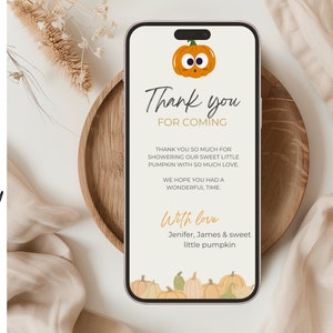 Remerciement digital babyshower citrouille modifiable CANVA, téléchargement immédiat pour envoi smartphone rapide, organisation fête bébé