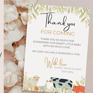 Remerciement babyshower animaux ferme, modèle de carte modifiable CANVA  téléchargement instantanée pour bébé fille et garçon