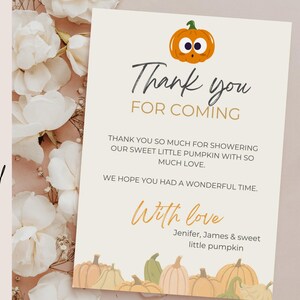 Remerciement babyshower citrouille modèle, carte automne modifiable avec canva, téléchargement immédiat pour fête bébé fille et bébé garçon
