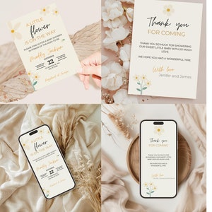 Lot invitation et remerciement babyshower fleur bohème, modification sur CANVA du faire part fête prénatale pour impression ou envoi digital