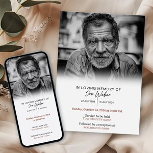 Muchos anuncios funerarios electrónicos y entrega postal, invitación fotográfica al funeral para celebraciones de la vida, mensajes de teléfonos inteligentes,