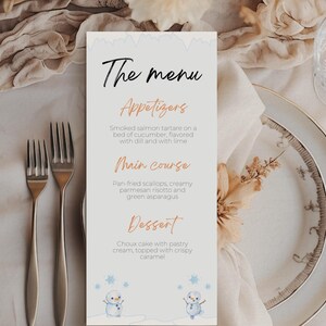 Modèle de menu bonhomme de neige modifiable pour babyshower, carte bohème bleu neige pour fête bébé hiver, imprimable, téléchargement CANVA