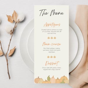 Modèle de menu citrouille modifiable pour babyshower, thanksgiving, fête, carte bohème orange automne imprimable, téléchargement CANVA