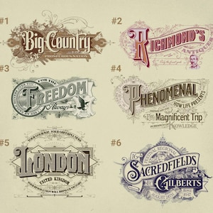Puede incluir: Una colección de seis logotipos de estilo vintage con diseños ornamentados y texto. Los logotipos presentan frases como "Big Country", "Richmond's Antiques", "Freedom Always", "Phenomenal", "London" y "Sacredfields by Gilberts."