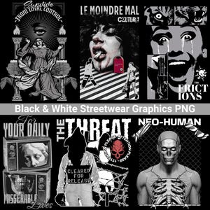 Black & White Streetwear Graphics Bundle - Minimalist PNG T-Shirt Designs