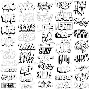 Puede incluir: Una colección de 36 palabras y frases de estilo graffiti en blanco y negro, incluyendo "Cool", "Trust", "Hope", "Chill", "Enjoy", "Karma" y "Heads".