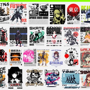 May include: A collage of 16 different graphic designs featuring anime characters, Japanese text, and various themes such as skateboarding, music, and fashion. The designs are in a variety of styles, including cartoon, realistic, and abstract.