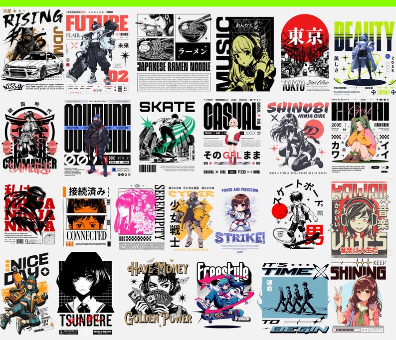 May include: A collage of 16 different graphic designs featuring anime characters, Japanese text, and various themes such as skateboarding, music, and fashion. The designs are in a variety of styles, including cartoon, realistic, and abstract.