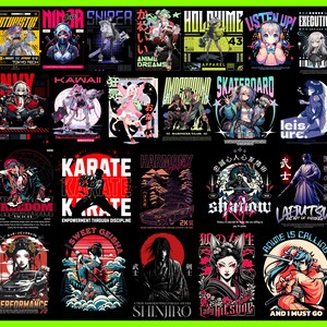 May include: A collection of 20 colorful graphic t-shirt designs featuring anime characters, Japanese text, and various themes like karate, skateboarding, and freedom. The designs are vibrant and bold, with a mix of traditional and modern styles.