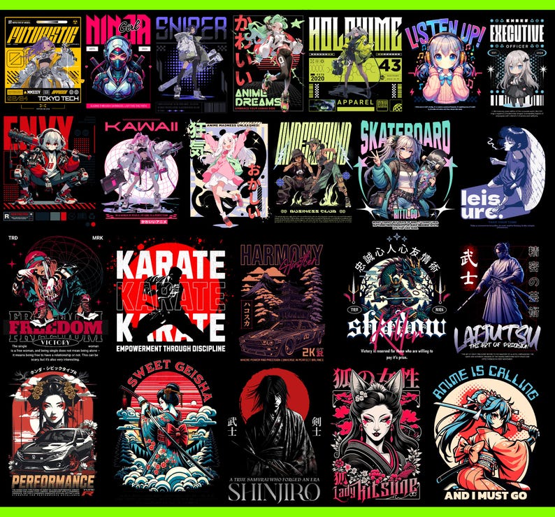May include: A collection of 20 colorful graphic t-shirt designs featuring anime characters, Japanese text, and various themes like karate, skateboarding, and freedom. The designs are vibrant and bold, with a mix of traditional and modern styles.