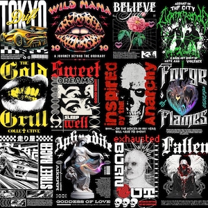 Op de afbeelding: Een collage van grafische ontwerpen op een zwarte achtergrond. Ontwerpen omvatten een gele sportwagen, luipaardprint lippen, een roos, een schedel en een standbeeld. Tekst bevat "TOKYO DRIFT", "WILD MAMA" en "STREET RACER".