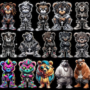 Teddybär PNG Bundle - Bunte Urban Streetwear-Designs, Neon Graffiti-Stil für T-Shirts, digitaler Download für Sublimation
