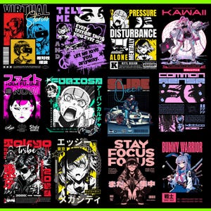 May include: A collage of nine colorful graphic designs featuring anime characters, text, and geometric shapes. The designs are in a variety of styles, including cyberpunk, kawaii, and street wear. Some of the text includes "Virtual Stories", "Tell Me", "Pressure", "Kawaii", "Disturbance", "Alone", "Furiosa", "Slide Queen", "Common Sense", "Tokyo Tribe", "Stay Focus Focus", and "Bunny Warrior".