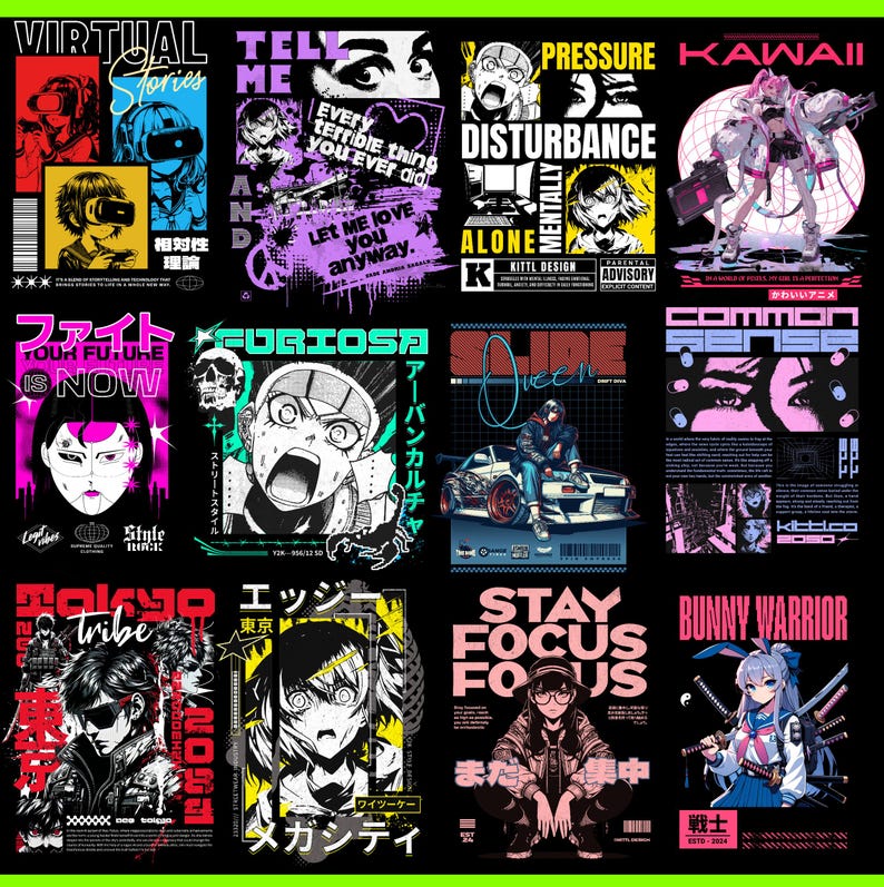 May include: A collage of nine colorful graphic designs featuring anime characters, text, and geometric shapes. The designs are in a variety of styles, including cyberpunk, kawaii, and street wear. Some of the text includes "Virtual Stories", "Tell Me", "Pressure", "Kawaii", "Disturbance", "Alone", "Furiosa", "Slide Queen", "Common Sense", "Tokyo Tribe", "Stay Focus Focus", and "Bunny Warrior".