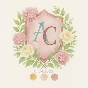 Custom Hydrangea Wedding Crest – Personalized Monogram Crest – Hand-Painted Watercolor Floral Crest with Blue Hydrangeas.