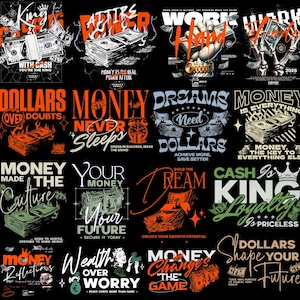 Optimum Streetwear Geld PNG Designs Bündel: T-Shirt Grafiken, Bargeld-bezogene Muster, Vintage und PNG | 45 Designpaket