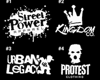 May include: Black background with four white logos. Logos include "Street Power Apparel", a crown with "Kingdom Co.", "Urban Legacy" with a running figure, and a ski mask with "Protest Clothing".