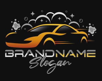 May include: A logo featuring a stylized car in shades of orange and black, with a silver and white design of bubbles and stars. The words "BRANDNAME" and "Slogan" are displayed in silver and yellow text.