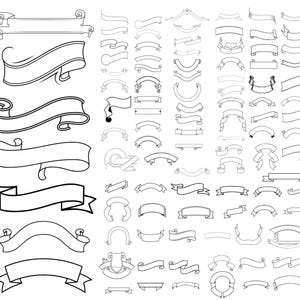 Pode incluir: Uma coleção de vários designs de fitas em preto e branco. As fitas variam em forma e estilo, incluindo bordas curvas, retas e enroladas. Adequado para design gráfico ou projetos de artesanato.