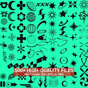 Y2K Vector Icons Set, 500+ Y2K Shapes Collection, Streetwear Aesthetic Symbols for Logos, Trendy SVG Icons and Y2K Designs