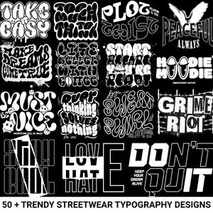 50+ Streetwear Typography Designs , Digital Prints PNG , Trendy Transparent Background