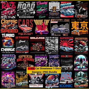 Pacote com mais de 400 designs de camisetas de carros PNG: gráficos de streetwear premium inspirados na cultura automotiva global, vibrações de corrida e arte automotiva clássica