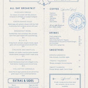 May include: A blue and white menu for The Blind Crow Coffee Shop, listing breakfast and lunch items, coffee, drinks, smoothies, and specials. The menu includes items like avocado smash, green baked eggs, chicken and waffles, banana bread, and collective granola. The menu also lists coffee drinks like espresso, cappuccino, latte, flat white, mocha, and drip coffee. The menu also lists drinks like fresh orange juice, sparkling water, soda, homemade ice tea, hot chocolate, and fresh mint or ginger tea. The menu also lists smoothies like green goddess, tropic thunder, and sweet sunrise. The menu also lists specials like key lime pie, pecan caramel cake, coconut shortbread, chocolate fudge brownies, and grandma's cherry pie.