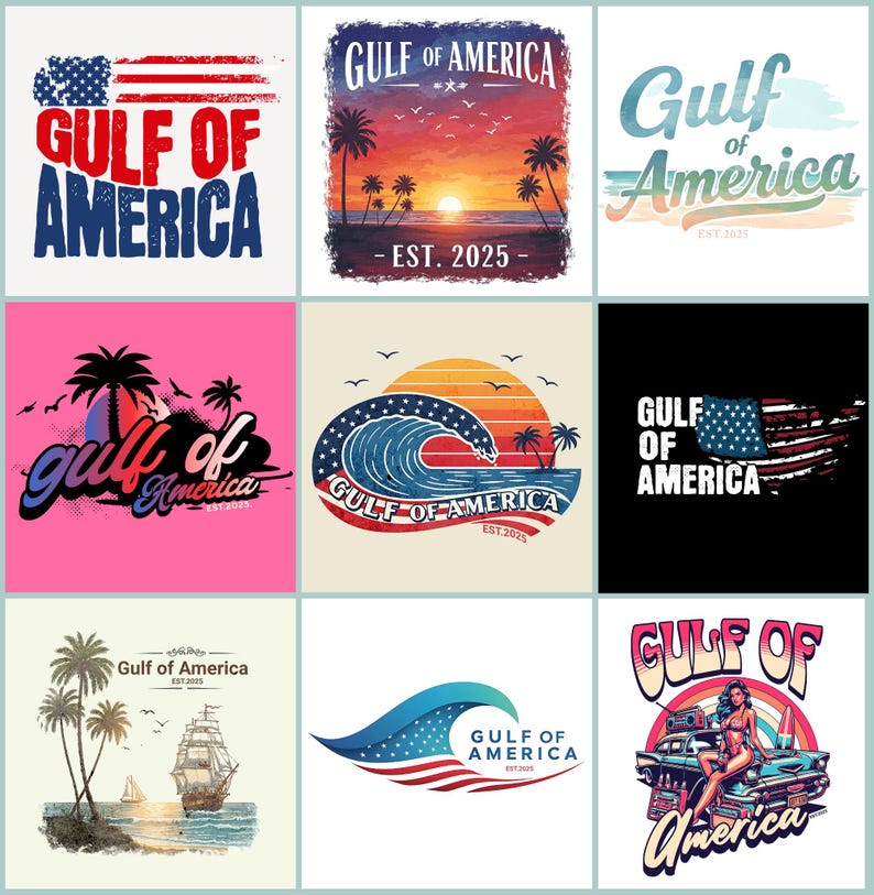 Op de afbeelding: Negen verschillende ontwerpen voor een Gulf of America logo. De logo's hebben verschillende stijlen, waaronder vintage, modern en patriottisch. Alle logo's bevatten de tekst "Gulf of America" en het jaar "2025".