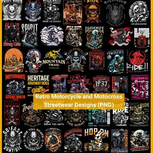 Könnte beinhalten: Eine Sammlung von 36 Retro-Streetwear-Designs für Motorrad und Motocross. Die Designs zeigen Totenköpfe, Motorräder und andere Biker-bezogene Bilder. Die Designs sind in verschiedenen Farben gehalten, darunter Schwarz, Weiß, Rot, Blau und Gelb.