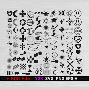 May include: A set of over 500 black Y2K-inspired graphic elements, such as stars, moons, smiley faces, and abstract shapes. The image includes the text "+ 500 File Y2K SVG, PNG, EPS, Ai".