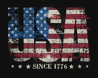 May include: A distressed graphic design on a black background features the word "USA" in red, white, and blue, resembling the American flag. Below the word "USA" is the text "SINCE 1776" with stars on either side.
