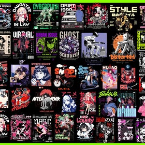 May include: A collage of colorful graphic designs featuring anime characters, robots, and other pop culture imagery. The designs are set against a black background and include text in Japanese and English.