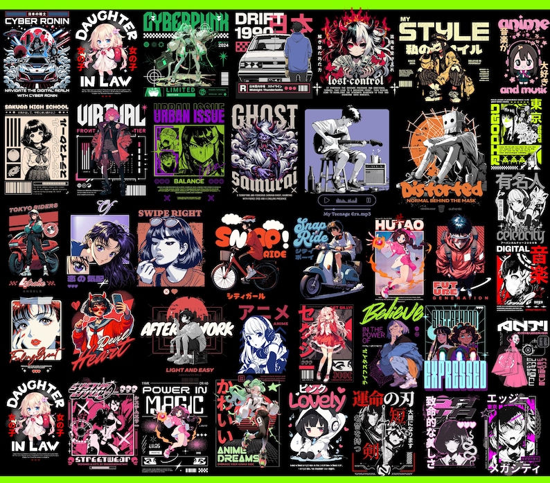 May include: A collage of colorful graphic designs featuring anime characters, robots, and other pop culture imagery. The designs are set against a black background and include text in Japanese and English.