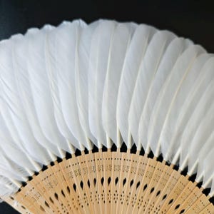 May include: A decorative hand fan featuring white feathers and a light brown wooden handle. The fan is partially open, showcasing the arrangement of feathers and the intricate cut-out design on the handle. The background is black.