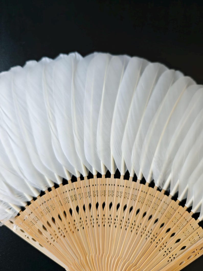 May include: A decorative hand fan featuring white feathers and a light brown wooden handle. The fan is partially open, showcasing the arrangement of feathers and the intricate cut-out design on the handle. The background is black.