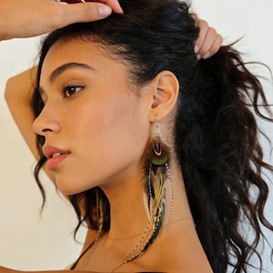 May include: A close-up of a woman wearing a long feather earring. The earring features a combination of brown, green, yellow, and white feathers. The earring is attached to a silver-coloured hook.