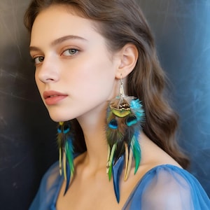 May include: A pair of long, dangling feather earrings. The earrings feature a combination of blue, green, and yellow feathers. The earrings are attached to a silver-coloured metal hook.